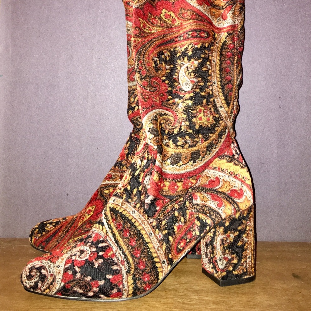 Diba fabric red and gold paisley print long boots